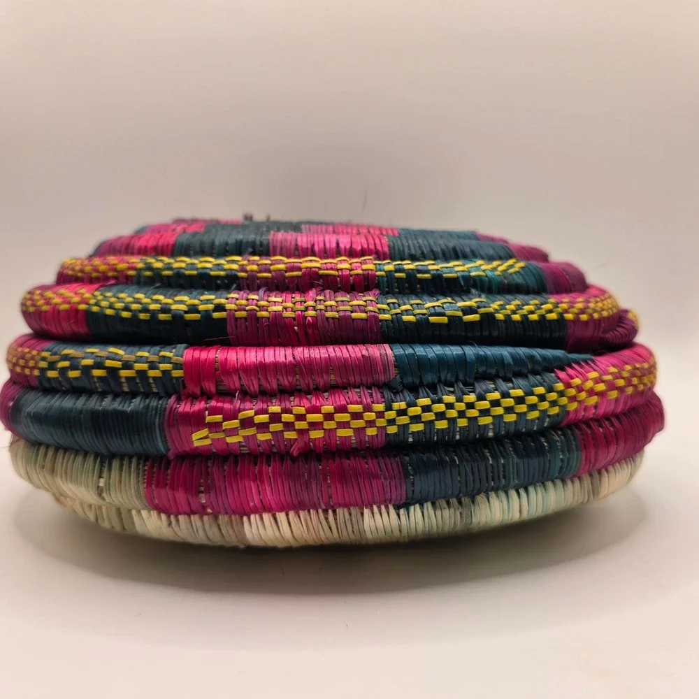 Handwoven Coiled Grass Muday Basket Ethiopian‎ Pink Green Yellow Boho Lidded Box